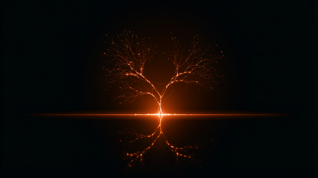 Two branching orange network diagrams growing from a single shared root against a dark background, representing two Bitcoin Layer 2 protocols converging on shared architecture.