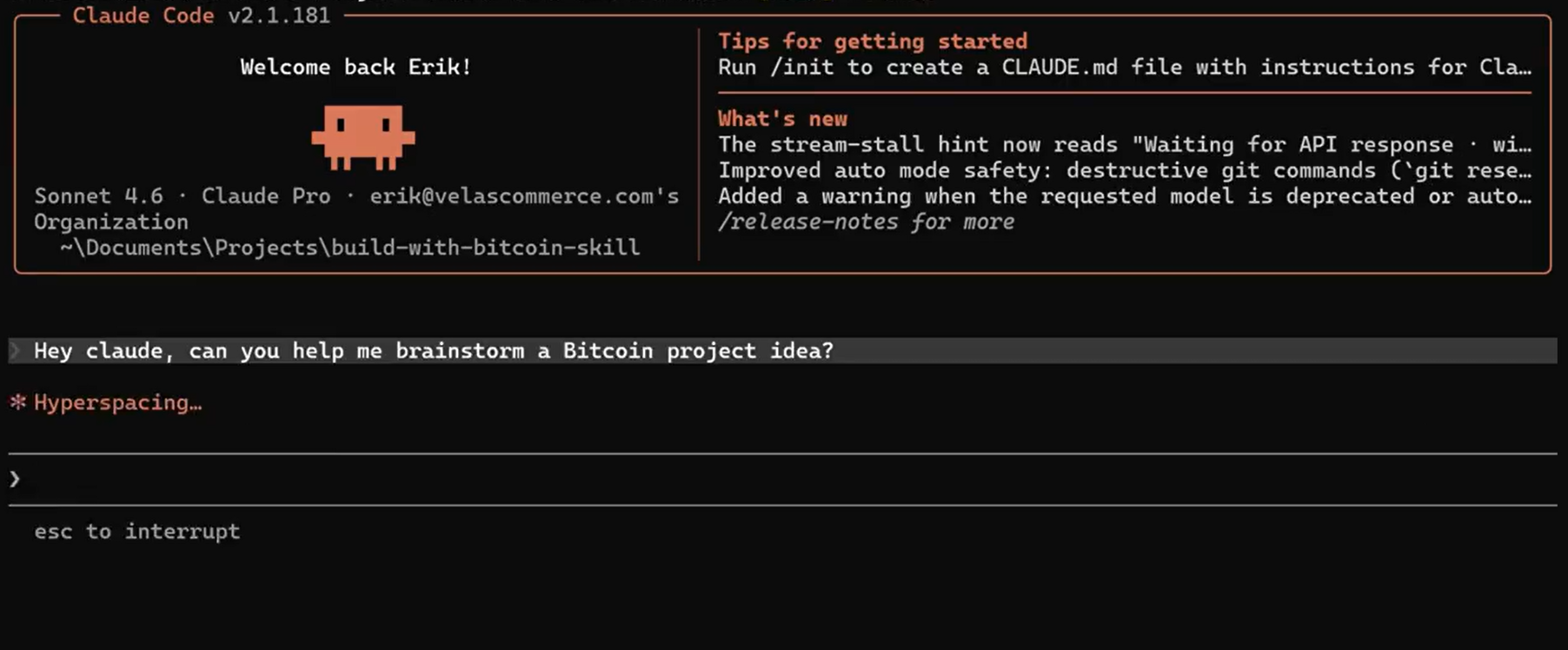 Preview of the Build with Bitcoin Claude Skill in Claude Code
